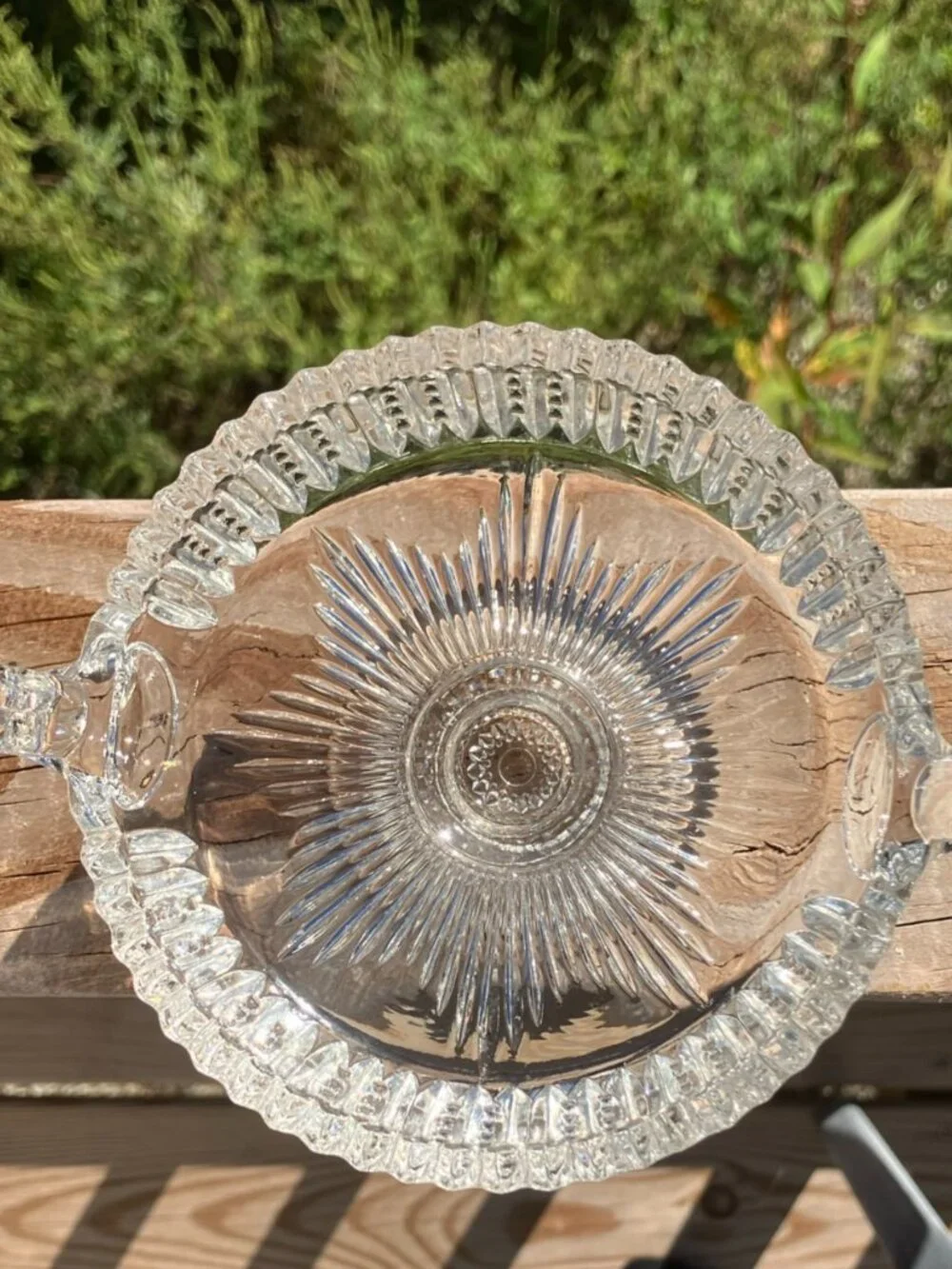 Vintage EAPG Brilliant Candy Dish Double Handle Starburst Sawtooth Rim cir 1910